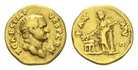Titus Caesar, 69-79 Aureus 73, 7.14 g. T CAES IMP VESP CEN Laureate head right. Rev. PAX-AVG Pax standing left, leaning on column and holding branch i...