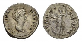 Faustina I, wife of Antoninus Pius, Denarius circa 139-141, AR 18.5mm, 3.01 g. FAVSTINA AVGVSTA Draped bust right. Rev. IVNONI REGINAE Juno veiled,sta...