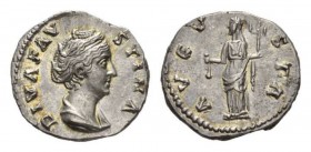 Faustina I, wife of Antoninus Pius, Denarius after 141, AR 19.5mm, 3.59 g. DIVA FAVSTINA Draped bust right. Rev. AVGVSTA Vesta veiled standing left, h...