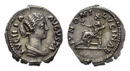 Lucilla, wife of Lucius Verus Denarius circa 164-169, AR 18mm, 3.35 g. LVCILLAE AVGVSTA Draped bust right, hair tied up in double chignon. Rev. IVNONI...