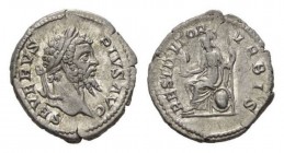 Septimius Severus 193-211 Denarius circa 202-210, AR 19.5mm, 3.03 g. SEVERVS PIVS AVG Laureate head right. Rev. RESTITVTOR VRBIS Roma seated left on s...