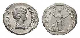 Julia Domna, wife of Septimius Severus Denarius circa 211-217, AR 19.5mm, 3.28 g. IVLIA avgvsta Draped bust right. Rev. PIETAS PVBLICA Pietas veiled s...