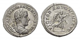 Elagabalus, 218-222 Denarius, circa 218-222, AR 19mm, 3.42 g. IMP CAES M AVR ANTONINVS AVG Laureate, draped and cuirassed bust right. Rev. VICTOR ANTO...