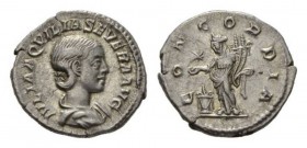 Aquilia Severa, second wife of Elagabalus Denarius 220-222 (?), AR 19mm, 2.63 g. IVLIA AQVILIA SEVERA AVG Draped bust right. Rev. CONCORDIA Concordia ...