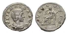 Julia Maesa, grandmother of Elagabalus Denarius 218-223, AR 20mm, 3.11 g. IVLIA MAESA AVG Draped bust right. Rev. PVDICITIA Pudicitia seated left, rai...