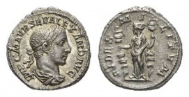 Severus Alexander, 222-235 Denarius circa 222-228, AR 19mm, 3.20 g. IMP C M AVR SEV ALEXAND AVG Laureate and draped bust right. Rev. FIDES MILITVM Fid...
