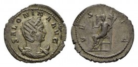 Salonina, wife of Gallienus Antoninianus Samosata circa 258-259, AR 23.5mm, 2.87 g. SALONINA AVG Diademed and draped bust right on crescent. Rev. VEST...