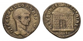 Divo Romulo, son of Maxentius Follis 308-310, Æ 24mm, 6.60 g. DIVO ROMVLO N V BIS CONS Bare head right. Rev. AETERNAE – MEMORIAE Domed shrine with doo...