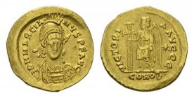 Marcianus 450-457 Solidus, Constantinopolis circa 450-457, AV 20.5mm, 4.43 g. D N MARCIANVS P F AVG Helmeted and cuirassed bust facing three-quarters ...