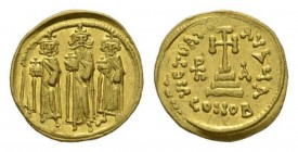 Heraclius, 610-641, with colleagues from 613 Solidus circa 637-638, AV 20mm, 4.40 g. Heraclius standing facing between Heraclius Constantine, on r., a...