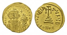 Constans II, 641-668 and associate rulers Solidus circa 654-659, AV 20mm, 4.34 g. Facing bust of Constans II with long beard on l. and Constantine IV,...