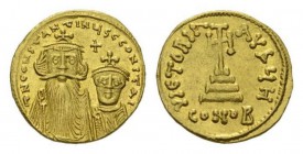 Constans II, 641-668 and associate rulers Solidus circa 654-659, AV 20mm, 4.41 g. Facing bust of Constans II with long beard on l. and Constantine IV,...