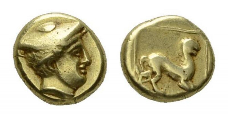 Lesbos, Mytilene Hecte circa 377-326, El 10.5mm, 2.53 g. Head of Hermes right, w...