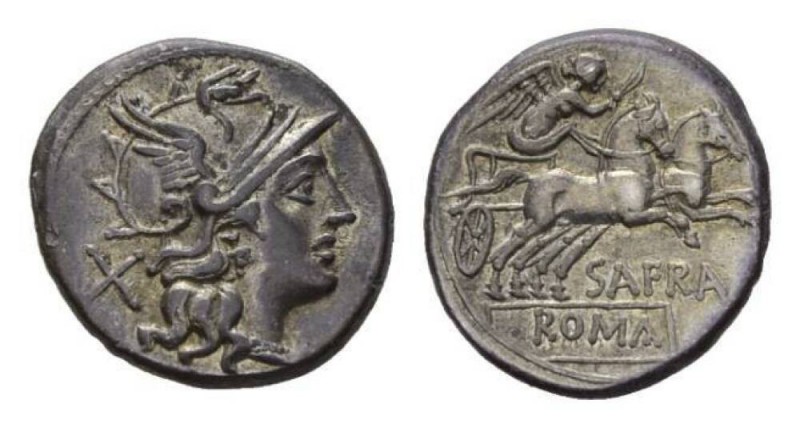 S. Afranius Denarius 150, AR 18mm, 3.65 g. Helmeted head of Roma right; behind, ...