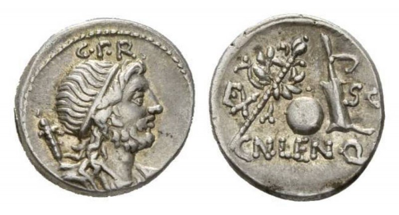 Cn. Cornelius Lentulus Denarius, Spain (?) 76-75, AR 19mm, 3.92 g. Draped bust o...