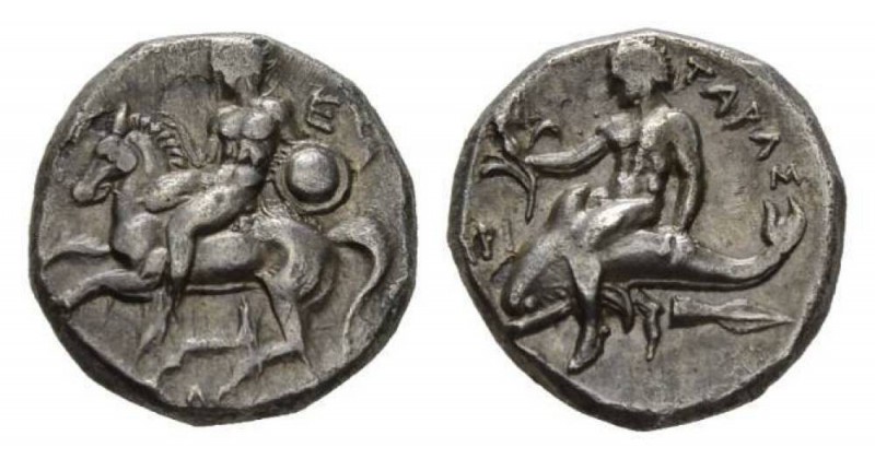 Calabria, Tarentum Nomos circa 281 - 270, AR 20mm., 7.45g. Rider left, holding s...