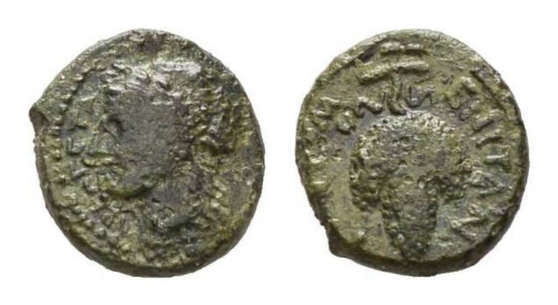 Sicily, Tauromenion Hexas 345 - 338, Æ 12mm., 1.77g. APXAΓETA Laureate head of A...