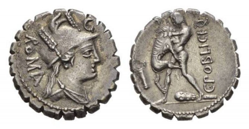 C. Poblicius Q. f. Denarius serratus circa 80, AR 19mm., 3.74g. Helmeted and dra...