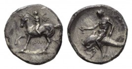 Calabria, Tarentum Nomos circa 272-240, AR 21mm., 6.26g. Boy rider left, crowning his horse; behind, monogram and below, ΦIΛOKPA. Rev. Dolphin rider l...