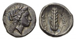 Lucania, Metapontum Nomos circa 330-290, AR 20mm., 7.73g. Barley-wreathed head of Demeter right. Rev. Ear of Barley. Johnston C 9.1. Historia Numorum ...