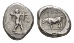 Lucania, Poseidonia Nomos circa 470-445, AR 17mm., 8.14g. ΓOME Poseidon advancing right, l. arm outstretched, brandishing trident held high in l. hand...