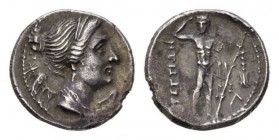 Bruttium, Brettii Drachm circa 216-214, AR 19.5mm., 4.63g. Diademed bust of Nike right; behind, harpa. Rev. Naked river-god facing with chlamys over l...