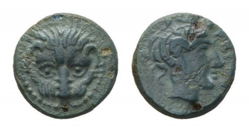 Bruttium, Rhegium Bronze circa 351-280, Æ 11.5mm., 1.31g. Lion’s mask facing. Re...