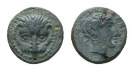Bruttium, Rhegium Bronze circa 351-280, Æ 11.5mm., 1.31g. Lion’s mask facing. Rev. Head of Apollo right. SNG ANS 698. Historia Numorum Italy 2536.
 ...