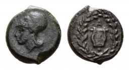 Sicily, Adranum Onkia circa 339, Æ 15mm., 3.59g. Head of Athena right, wearing Corinthian helmet. Rev. Lyra; above A and below, pellet; the all within...