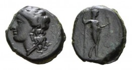Sicily, Herbita Bronze circa 350, Æ 17mm., 3.24g. Head of Apollo right. Rev. Ephebe advancing right, holding spear and branch. Boehringer Herbita, pl....