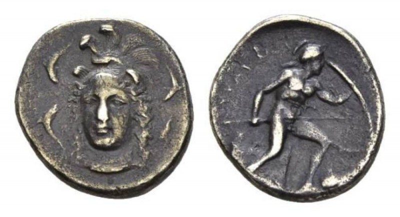 Sicily, Syracuse Drachm circa 405-395, AR 18mm., 3.97g. Helmeted head of Athena,...