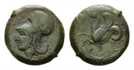 Sicily, Syracuse Litra circa 375-354., Æ 20mm., 7.41g. ΣYPA Head of Athena left, wearing corinthian helmet with laurel wreath. Rev. Hippocamp bridled ...