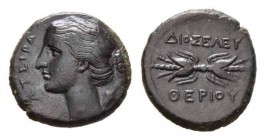 Sicily, Syracuse Bronze circa 317-289, Æ 20.5mm., 7.10g. ΣΩTEIPA Head of Artemis left; over left shoulder, quiver. Rev. ΔIOΣ EΛEYΘEPIOY Winged thunder...