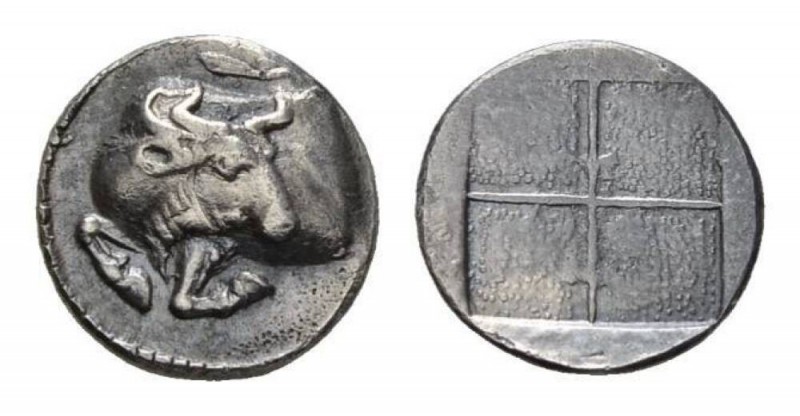 Macedonia, Acanthus Tetrobol circa 470-390, AR 14mm., 1.57g. Forepart of bull le...