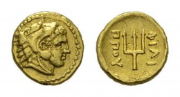Kingdom of Macedon, 1/8 stater circa 340-320, AV 9mm., 1.08g. Kingdom of Macedonia. AV 9mm, 1,08 g. Head of young Heracles right, wearing lion’s skin ...