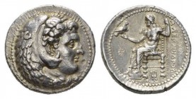 Kingdom of Macedon, Tetradrachm circa 325-323, AR 28.5mm., 17.18g. Head of Heracles right, wearing lion’s skin. Rev. AΛEΞANDROY Zeus seated on throne ...