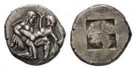 Island of Thrace, Thasos Stater circa 525-463, AR 22mm., 9.69g. Naked ithyphallic satyr supporting nymph under thighs with r. arm, his l. hand under h...