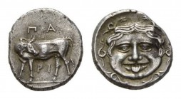 Mysia, Parion Hemidrachm IV century BC, AR 14.5mm., 2.47g. Gorgoneion. Rev. ΠΑ / ΡΙ Cow standing left, head reverted. SNG von Aulock 1321. SNG France ...