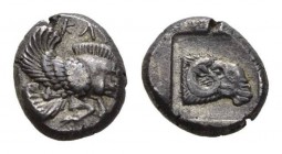 Ionia, Clazomene Pentobol circa late V century., AR 12.5mm., 3.52g. KΛA Forepart of winged boar monster running right. Rev. Ram head right in shallow ...