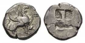 Ionia, Teos Stater circa 510-490., AR 22.5mm., 11.80g. Griffin seated right, with left forepaw raised; in lower field r., heron. Rev. Quadripartite in...