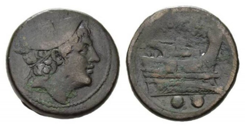 Sextans circa 217-215, Æ 30.5mm., 24.19g. Head of Mercury right; above, two pell...