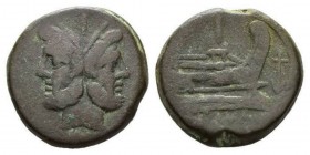 Anchor (first) series As circa 209-208, Æ 34mm., 39.85g. Laureate head of Janus; above, mark of value. Rev. Prow right; above, mark of value. In r. fi...