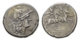Crescent (first) series. Denarius circa 207, AR 19.5mm., 3.90g. Helmeted head of Roma right; behind, X. Rev. The Dioscuri galloping right; above, cres...