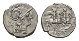 Cornucopiae (first) series. Denarius circa 207, AR 18.5mm., 4.14g. Helmeted head of Roma right; behind, X. Rev. The Dioscuri galloping right; below, c...