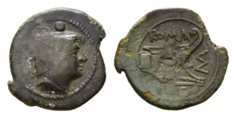 P. Manlius Vulso. Sardinia Sextans circa 210, Æ 20mm., 4.15g. Head of Mercury ri...