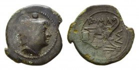 P. Manlius Vulso. Sardinia Sextans circa 210, Æ 20mm., 4.15g. Head of Mercury right; above, two pellets. Rev. ROMA Prow right; before, MA ligate set v...