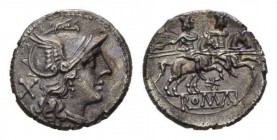 Star (first) series. Denarius circa 206-195, AR 19mm., 3.77g. Helmeted head of Roma right; behind, X. Rev. The Dioscuri galloping right; below, eight-...