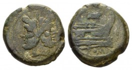 Sow series. As circa 206-195, Æ 34mm., 40.05g. Laureate head of Janus; above, mark of value. Rev. Prow right; above, sow. Before, mark of value and be...