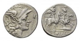 Staff and feather series. uncertain mint Denarius circa 206-200, AR 17mm., 2.91g. Helmeted head of Roma right; behind, X and before, staff. Rev. The D...