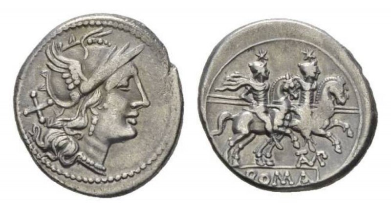 TAMP series. Denarius circa 194-190, AR 19mm., 3.86g. Helmeted head of Roma righ...